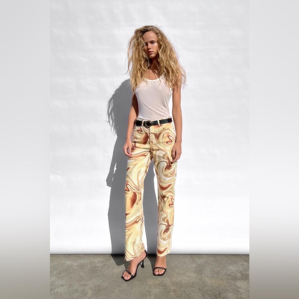 Zara Mid-rise Marble Straight Jeans Swirl Brown Beige